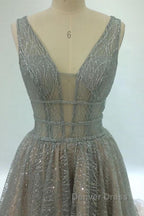 Shiny V Neck Open Back Champagne Long Prom Dress, Champagne Prom Graduation Prom Dresses