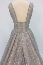 Shiny V Neck Open Back Champagne Long Prom Dress, Champagne Prom Graduation Prom Dresses