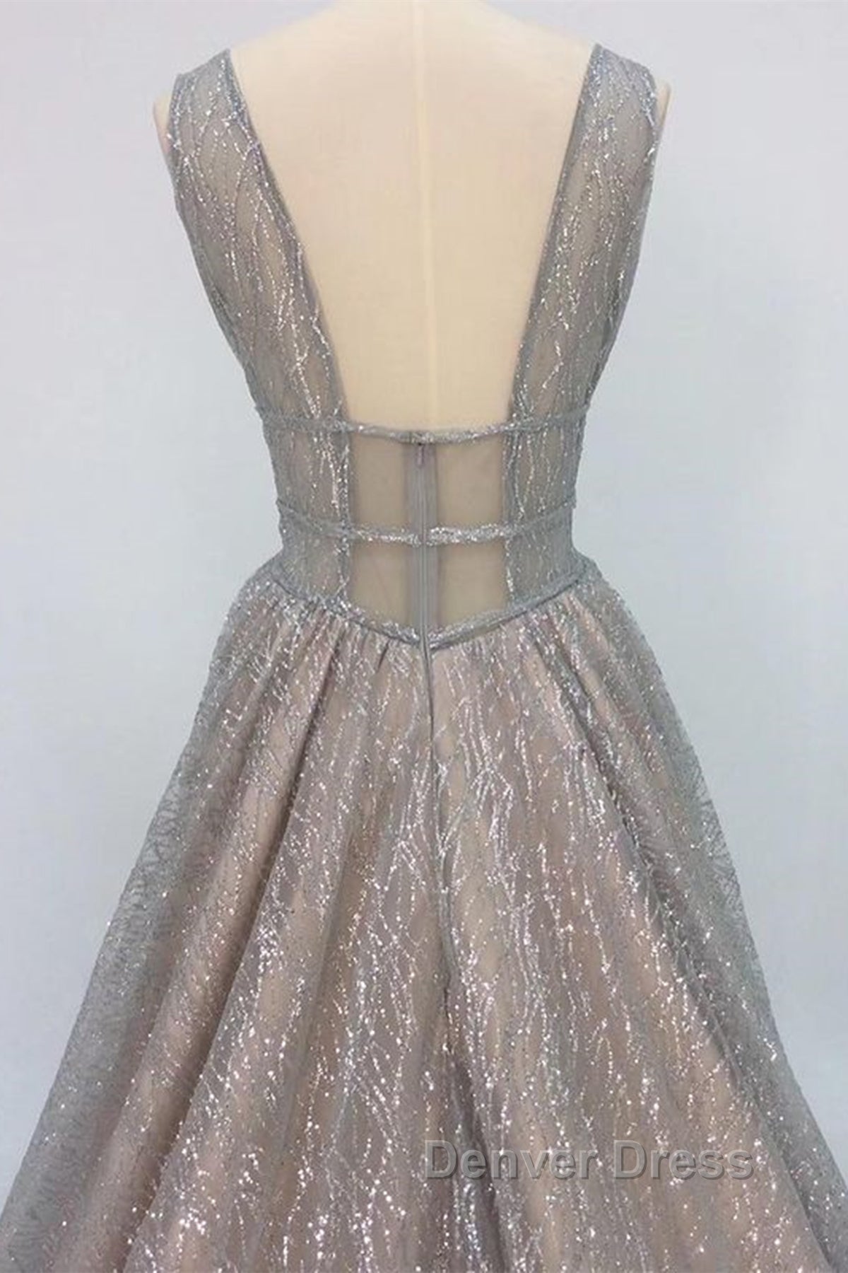 Shiny V Neck Open Back Champagne Long Prom Dress, Champagne Prom Graduation Prom Dresses