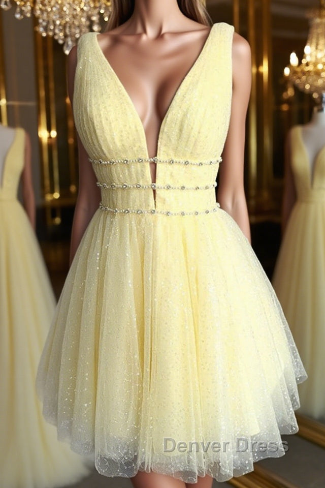 Shiny V Neck Open Back Yellow Tulle Short Prom Dress, V Neck Yellow Prom Graduation Homecoming Dresses Main image