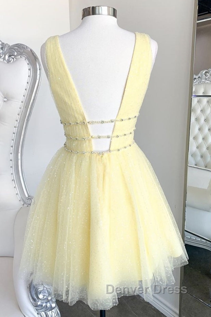 Shiny V Neck Open Back Yellow Tulle Short Prom Dress, V Neck Yellow Prom Graduation Homecoming Dresses Secondary image