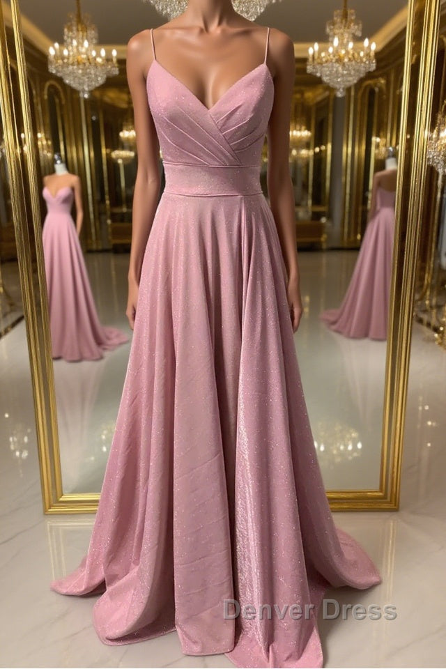 Shiny V Neck Pink Long Prom Dress, Pink V Neck Long Prom Dresses Main image