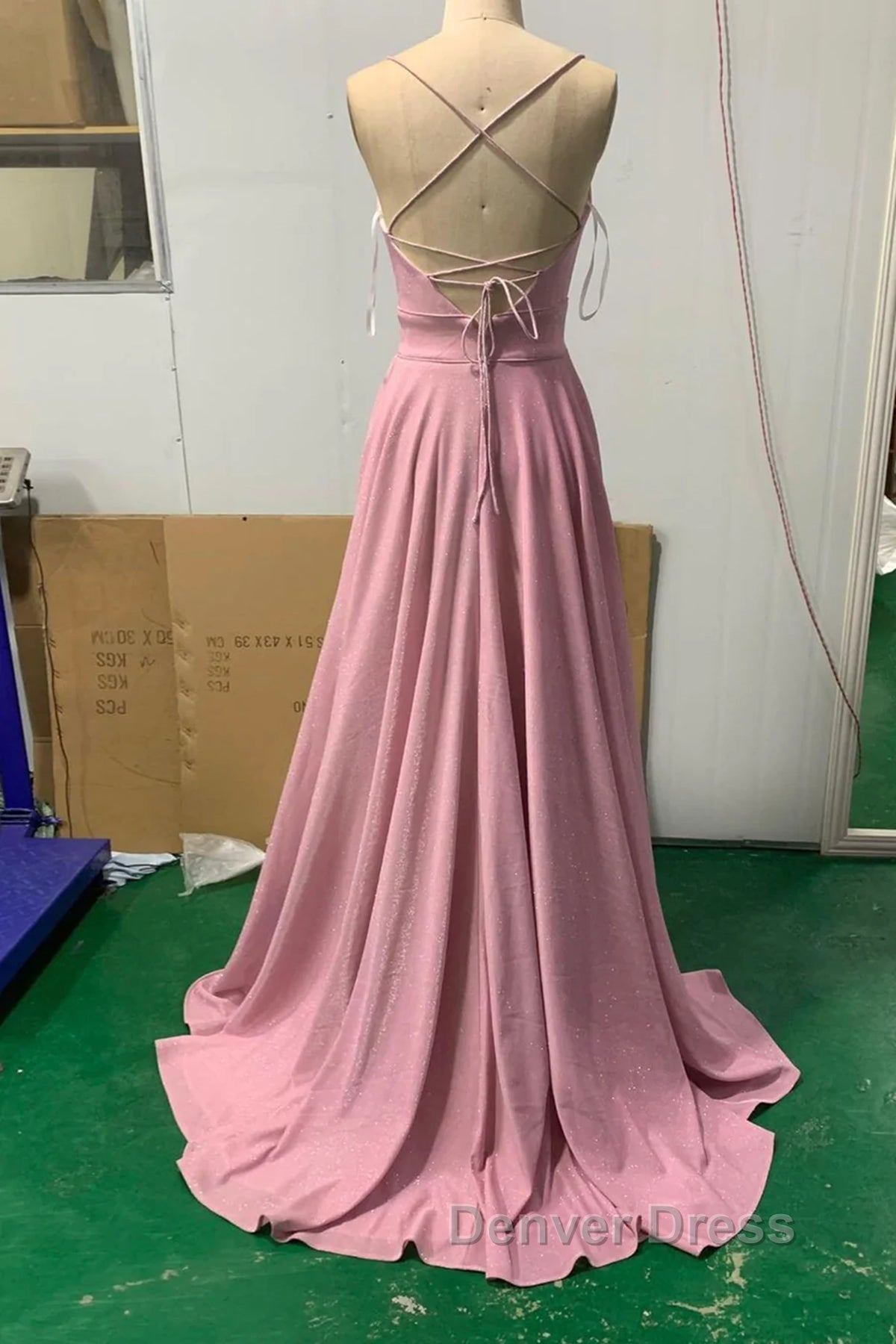 Shiny V Neck Pink Long Prom Dress, Pink V Neck Long Prom Dresses Secondary image
