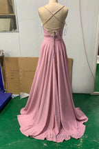 Shiny V Neck Pink Long Prom Dress, Pink V Neck Long Prom Dresses
