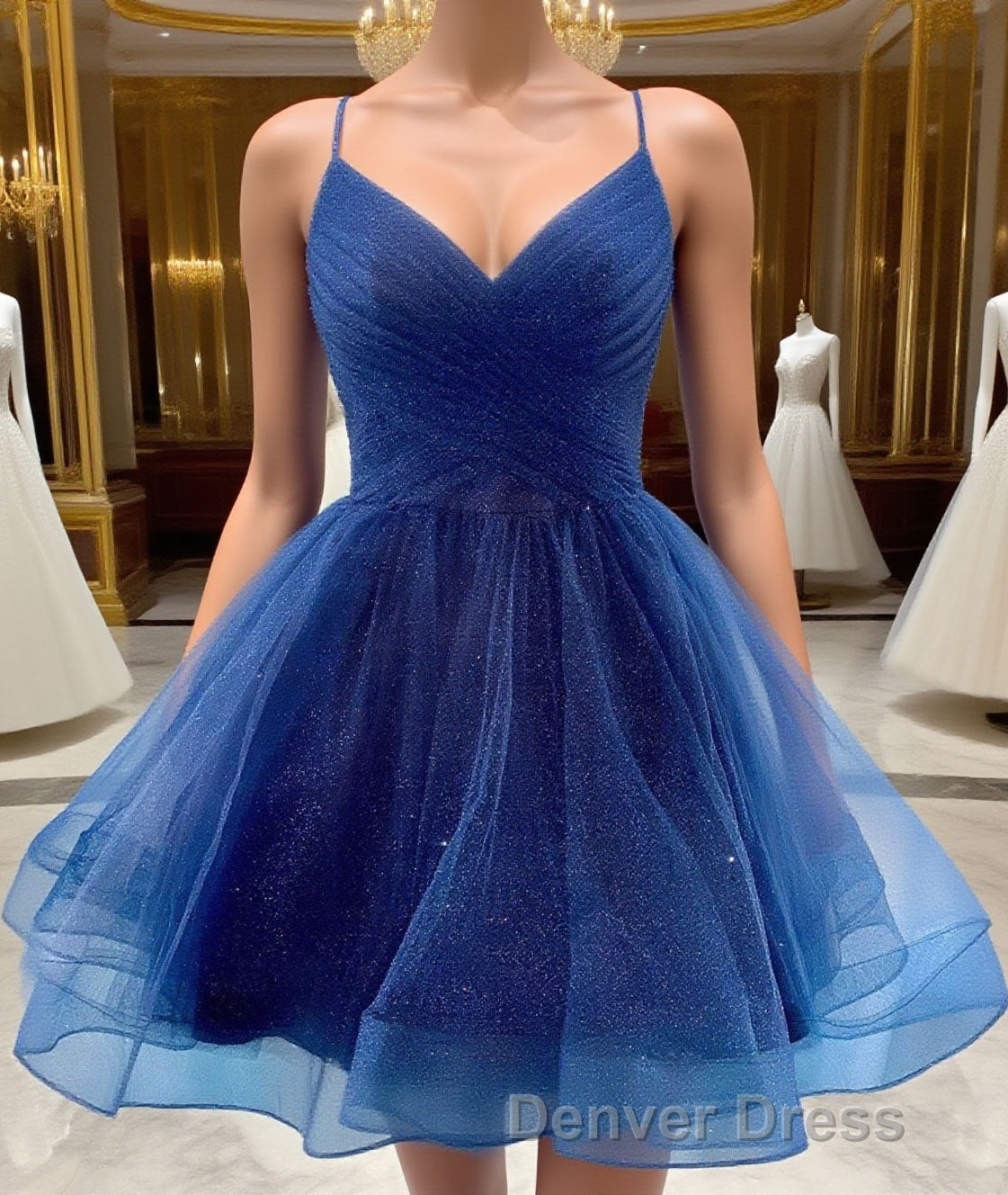 Shiny V Neck Short Blue Green White Prom Dress, Shiny Short V Neck Prom Homecoming Dresses Main image