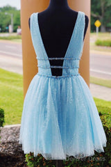 Shiny V Neck Short Blue/Yellow Prom Dressses, Short Blue/Yellow V Neck Fomal Homecoming Graduation Dresses