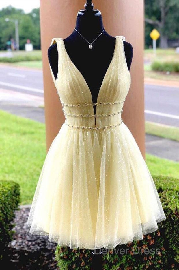 Shiny V Neck Short Blue/Yellow Prom Dressses, Short Blue/Yellow V Neck Fomal Homecoming Graduation Dresses