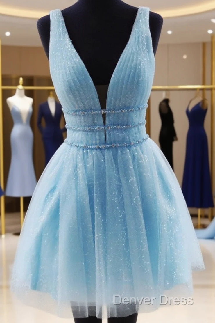 Shiny V Neck Short Blue/Yellow Prom Dressses, Short Blue/Yellow V Neck Fomal Homecoming Graduation Dresses
