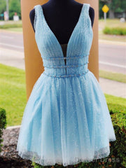 Shiny V Neck Short Blue/Yellow Prom Dressses, Short Blue/Yellow V Neck Fomal Homecoming Graduation Dresses