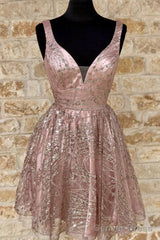 Shiny V Neck Short Champagne Prom Dresses, Short V Neck Champagne Graduation Formal Dresses