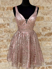Shiny V Neck Short Champagne Prom Dresses, Short V Neck Champagne Graduation Formal Dresses