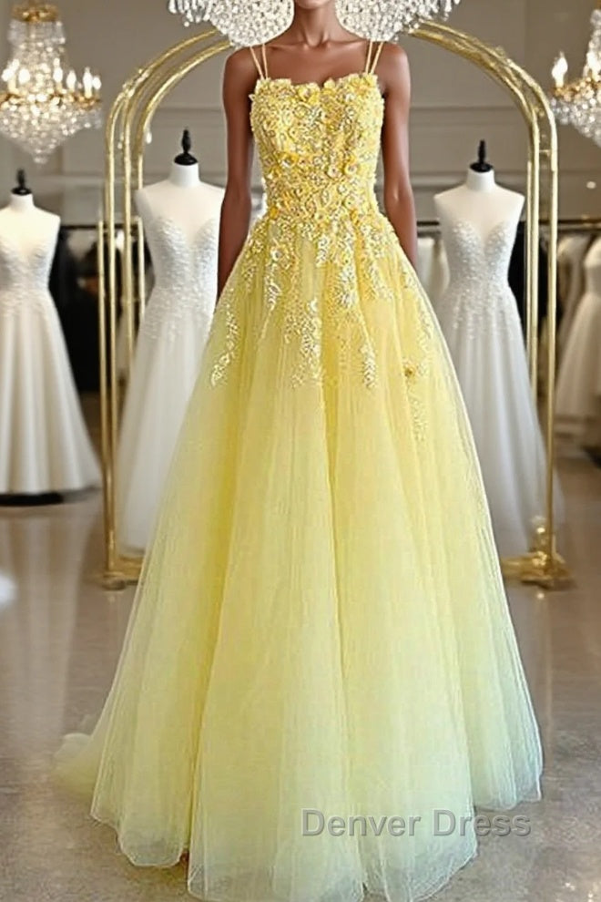 Shiny Yellow Lace Floral Prom Dress, Shiny Yellow Lace Floral Prom Dresses