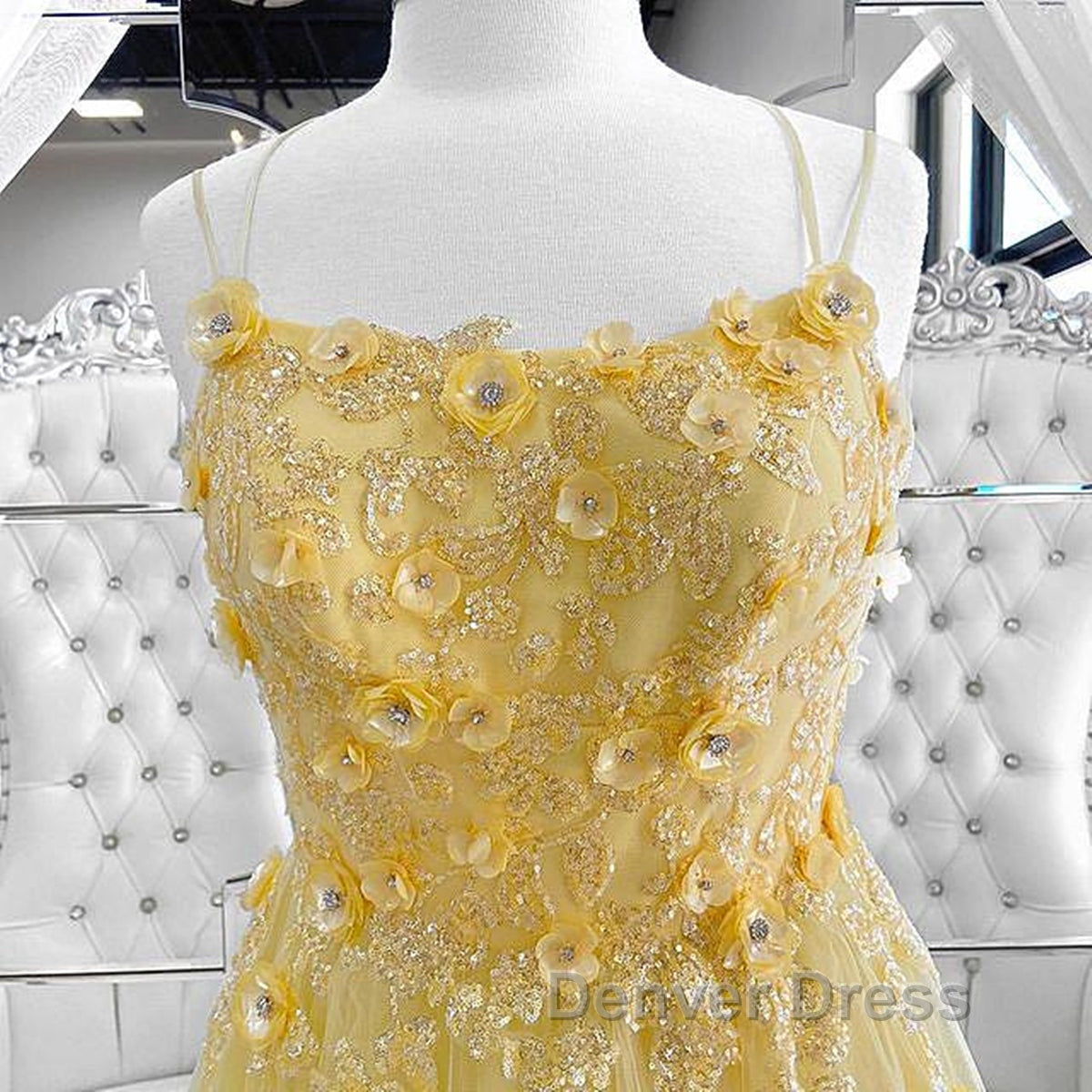 Shiny Yellow Lace Floral Prom Dress, Shiny Yellow Lace Floral Prom Dresses Secondary image