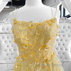 Shiny Yellow Lace Floral Prom Dress, Shiny Yellow Lace Floral Prom Dresses