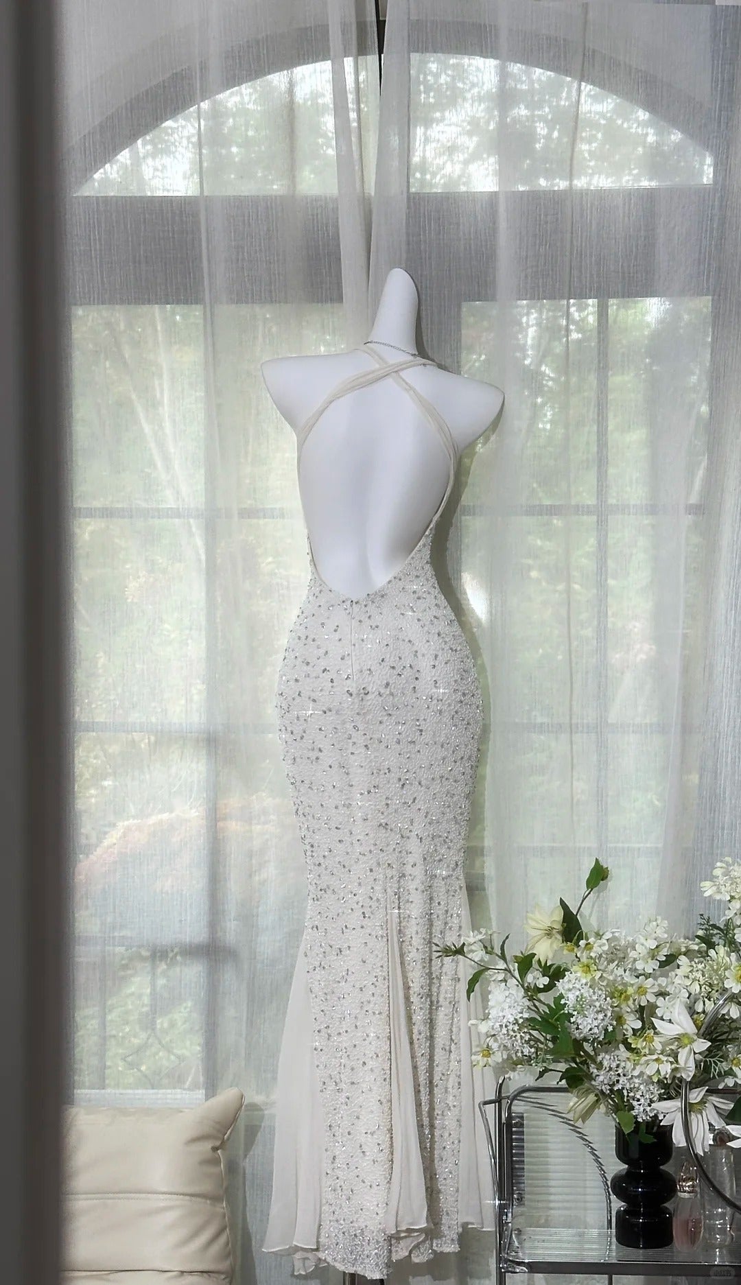 Shinying White Mermaid Strapless Lace-Up Back Sequin Chiffon Long Prom Dresses Evening Dresses