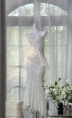 Shinying White Mermaid Strapless Lace-Up Back Sequin Chiffon Long Prom Dresses Evening Dresses