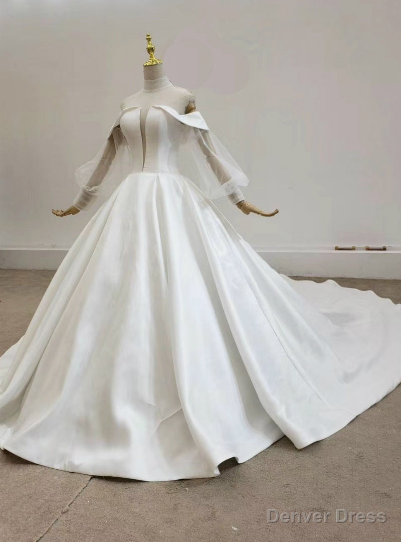 Shop An Amazing Selection Of White Ball Gown Satin High Neck See Through V-neck Wedding Dress Main image