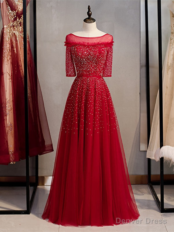 Shop Beautiful Scoop Beading Half Sleeves Red Sheer Tulle Sequin Prom Dresses Under 148