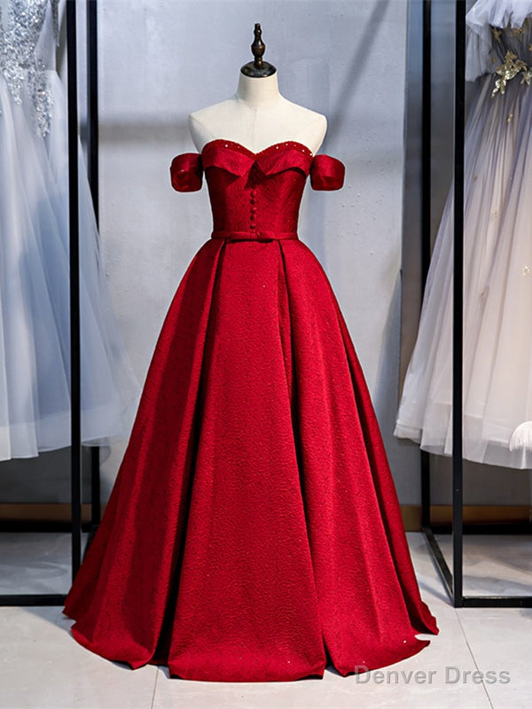 Shop Cheap Off The Shoulder Satin Floor Length Dark Red Bow Prom Dresses Under 128 Main image