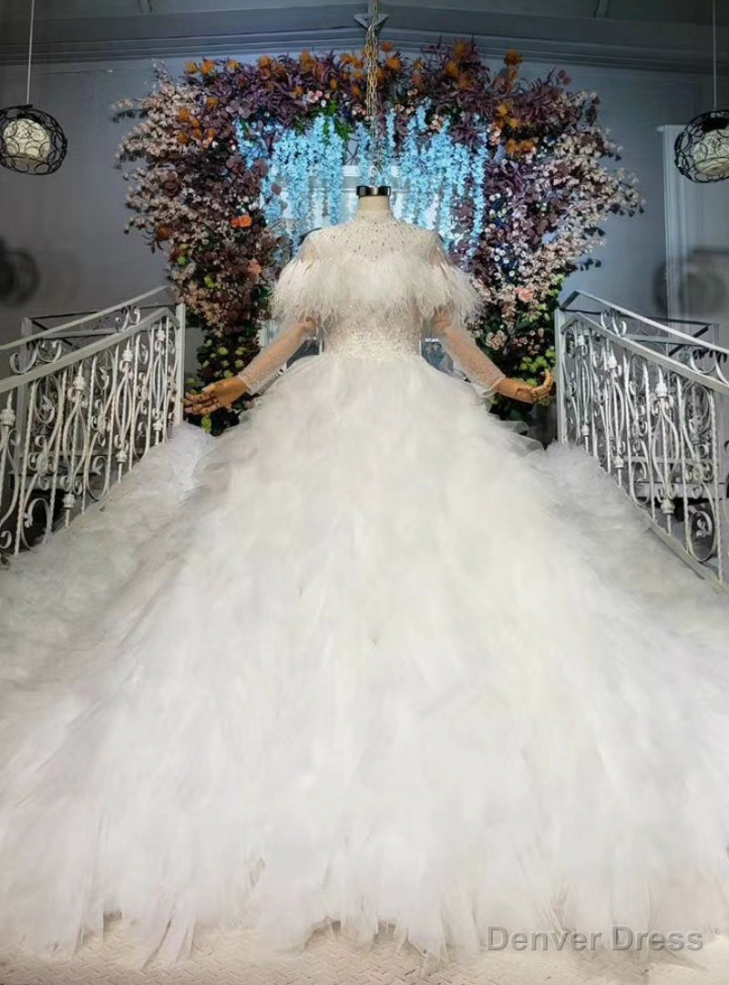 Shop For The Perfect White Ball Gown Tulle Long Sleeve High Neck Beading Wedding Dress Main image