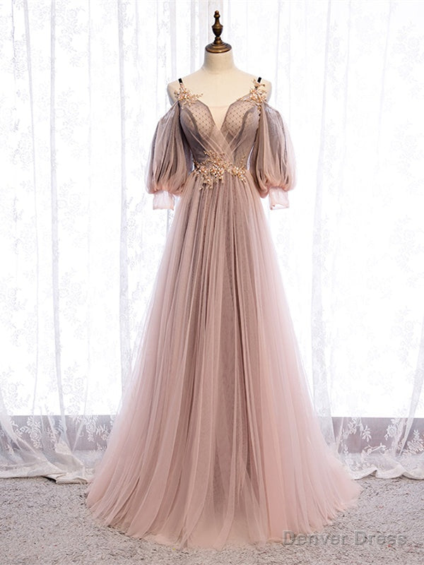 Shop Half Sleeve Dusty Pink Straps See Through Appliques Prom Dresses Under 135