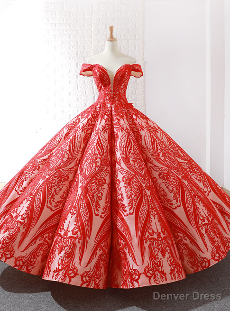 Shop Long Champagne And Red Sequins Ball Gown Off The Shoulder Prom Dress Main image