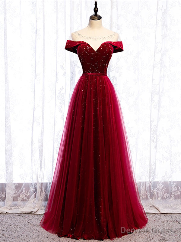 Shop Scoop Cap Sleeves See Through Sequin Tulle Burgundy Prom Dress Under 119