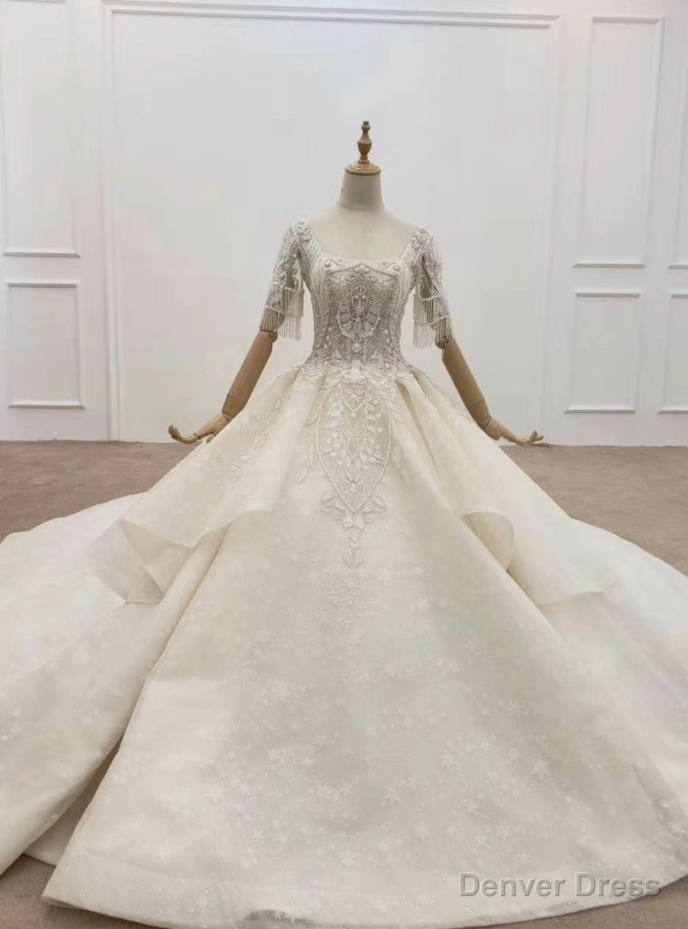 Shop Sexy Champagne Ball Gown Tulle Sequins Square Short Sleeve Beading Wedding Dress Main image