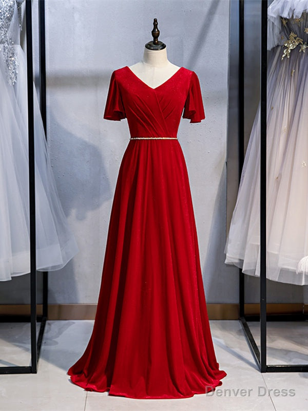 Shop Sexy V Neck Short Sleeves Beading Velvet Log Red Prom Dresses Under 128 Main image