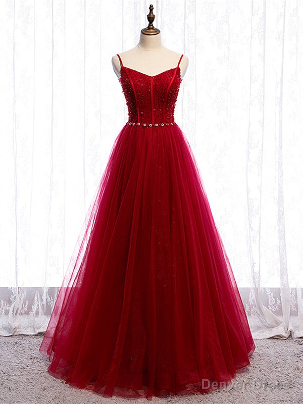 Shop Spaghetti Straps Tulle Beading Floor Length Burgundy Prom Dresses Under 130 Main image