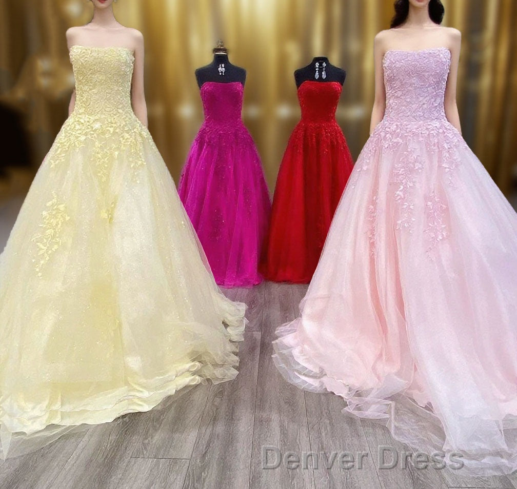 Wine Red Floral Lace Strapless A-Line Prom Dresses Main image