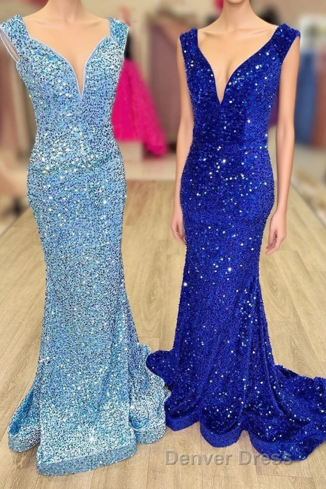 Blue Sequin V-Neck Lace-Up Mermaid Long Formal Dresses Main image