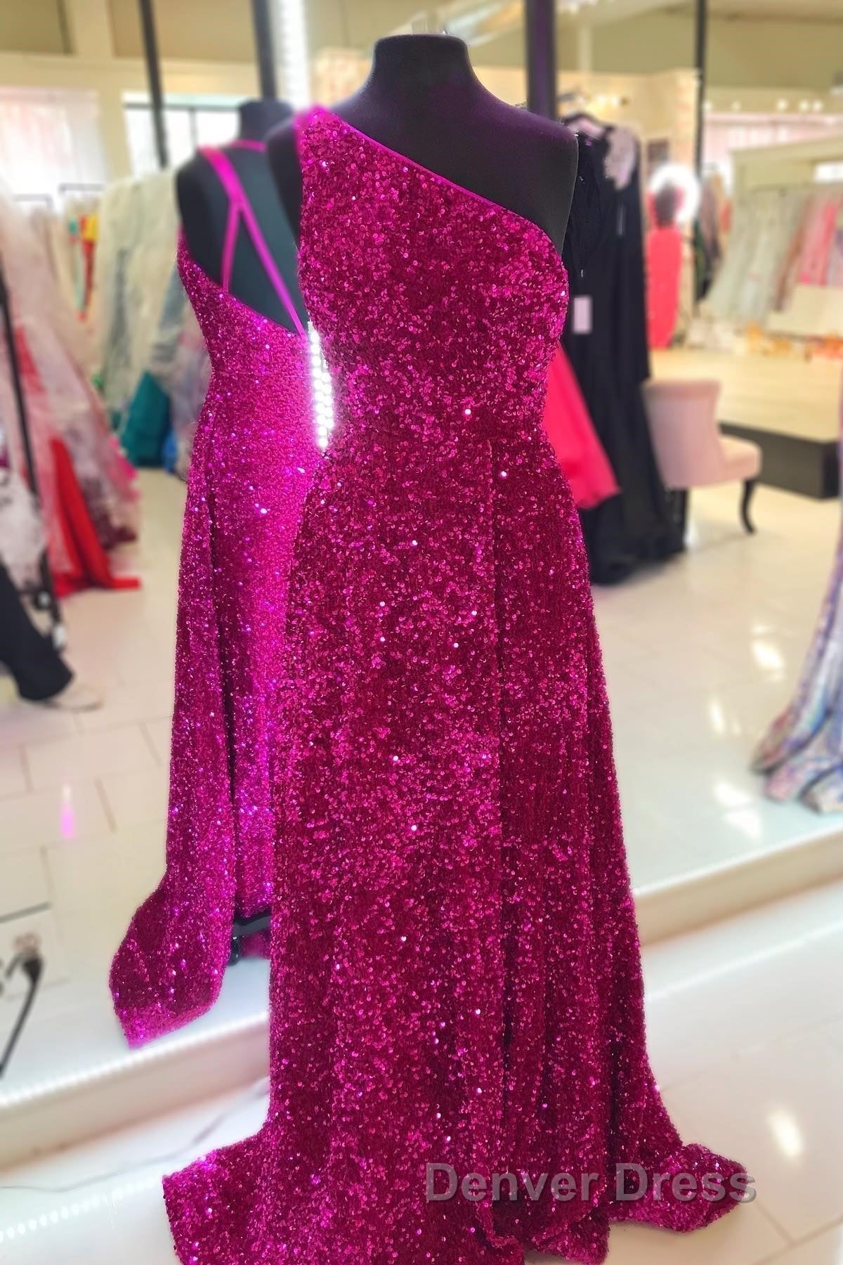 Purple Sequin One-Shoulder Backless A-Line Long Prom Dresses Secondary image