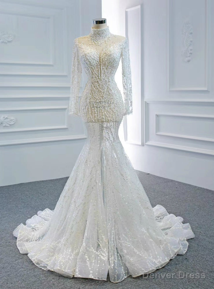 Shops Around The World White Mermaid Tulle Long Sleeve High Neck Baeading Wedding Dress Main image