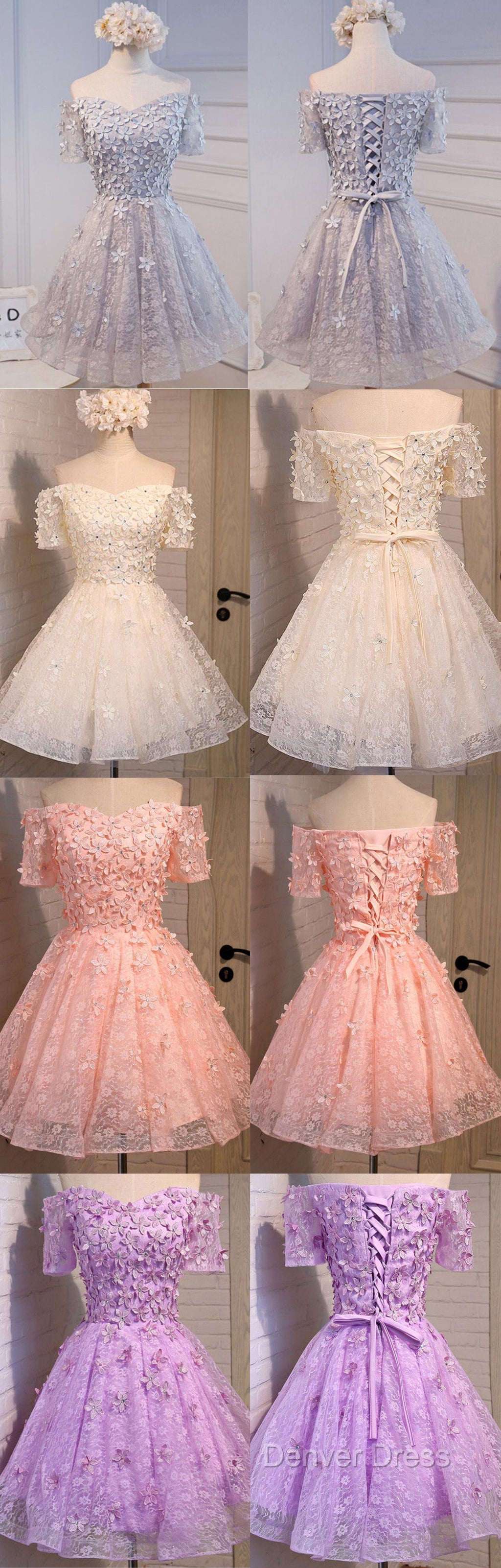 Short A-Line Junior Cute Off Shoulder Full Lace Appliques Beads Sweetheart Lace Up Back Homecoming Dresses