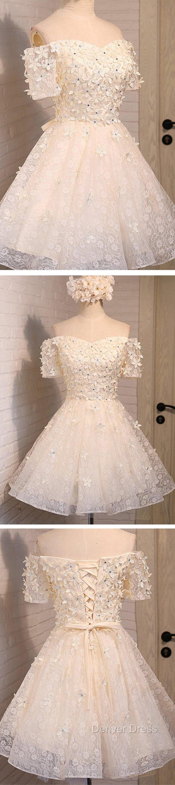 Short A-Line Junior Cute Off Shoulder Full Lace Appliques Beads Sweetheart Lace Up Back Homecoming Dresses