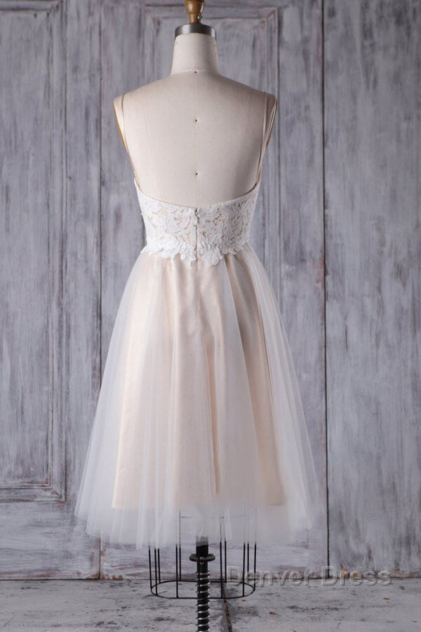 Short A Line Spaghetti Strap Lace Tulle Wedding Dresses