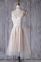 Short A-line Spaghetti Strap Lace Tulle Wedding Dresses