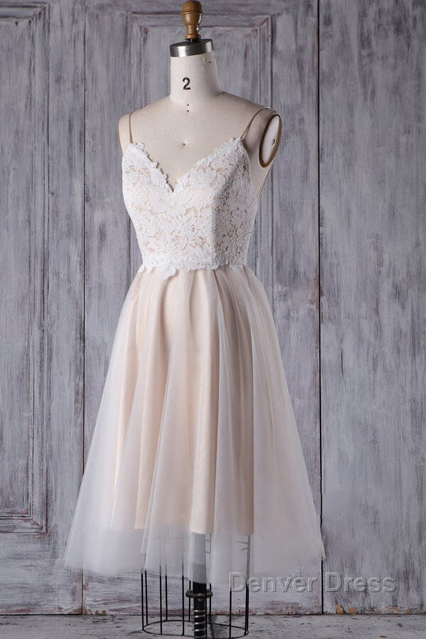 Short A-line Spaghetti Strap Lace Tulle Wedding Dresses
