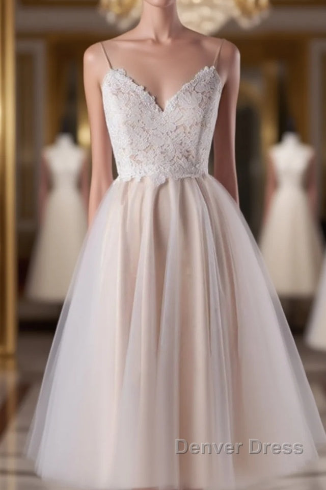Short A Line Spaghetti Strap Lace Tulle Wedding Dresses Main image