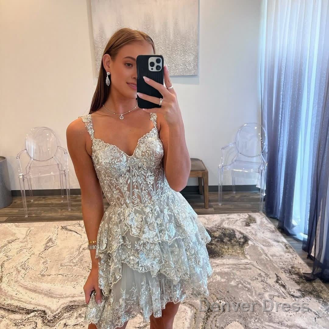 Short A Line Sweetheart Tiered Homecoming Dresses