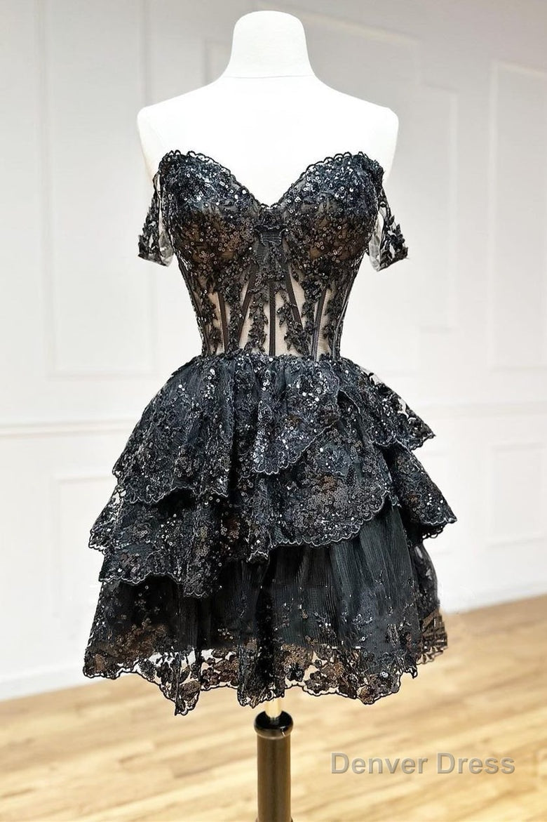 Short A Line Sweetheart Tiered Homecoming Dresses