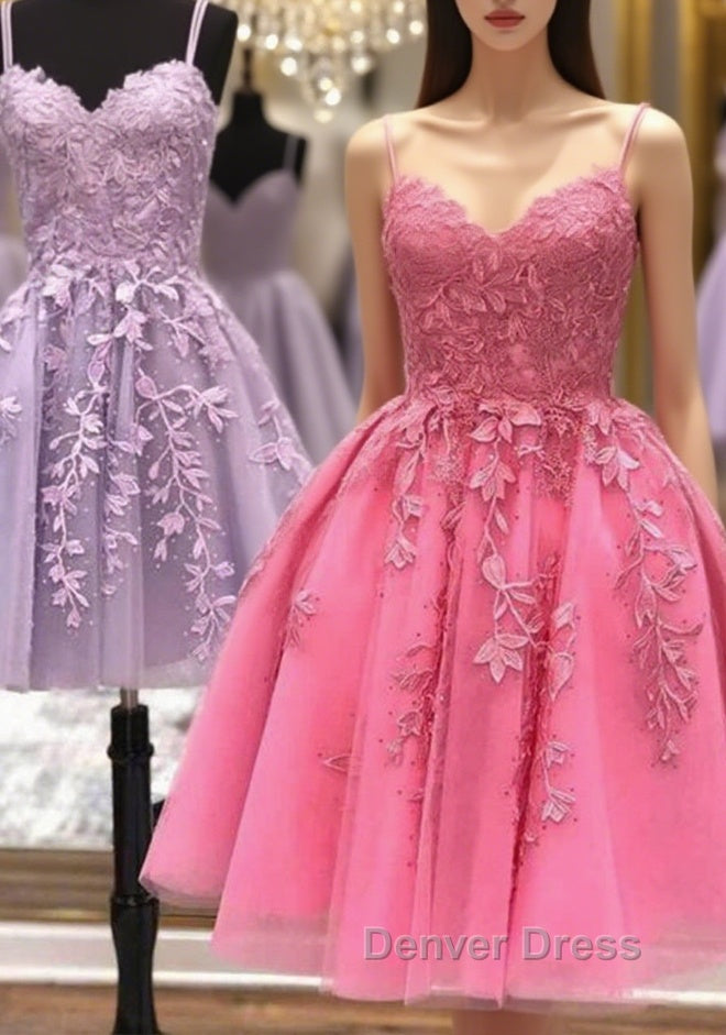 Short A Line Thin Straps Lace Prom Dresses, Lace Homecoming Dresses, Short Formal Evening Dresses Main image