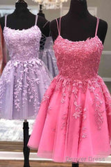 Short A Line Thin Straps Purple/Hot Pink Lace Prom Dress, Purple/Hot Pink Lace Homecoming Dress, Lilac/Hot Pink Short Formal Dress