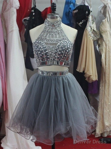 Short A Line 2 Pieces Grey Prom Dress, Short Homecoming Graduation Dresses