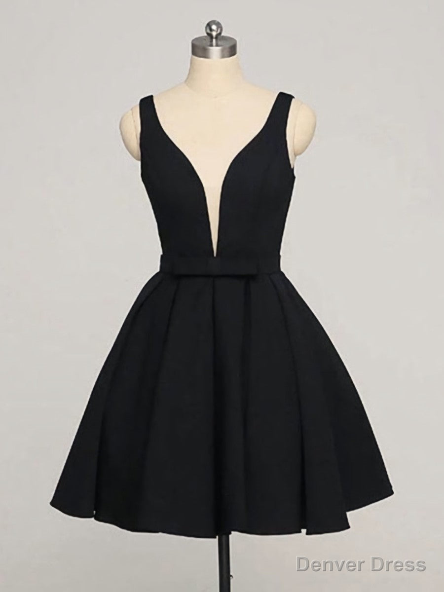 Short A Line V Neck Black Prom Dresses, Black V Neck Short Graduation Homecoming Dresses Main image