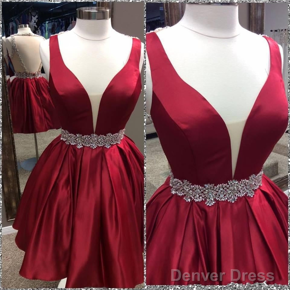 Short A Line V Neck Red Backless Prom Dress, Short Red Backless Homecoming Dress, Prom Dresses Secondary image