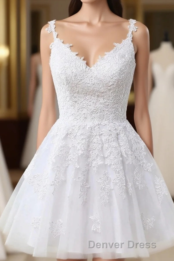Short A Line V Neck Tulle Lace Backless Prom Dress white Homecoming Dresses