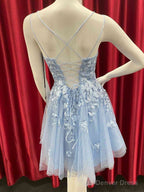 Short Backless Blue Lace Prom Dress, Short Open Back Blue Lace Prom Homecoming Dresses