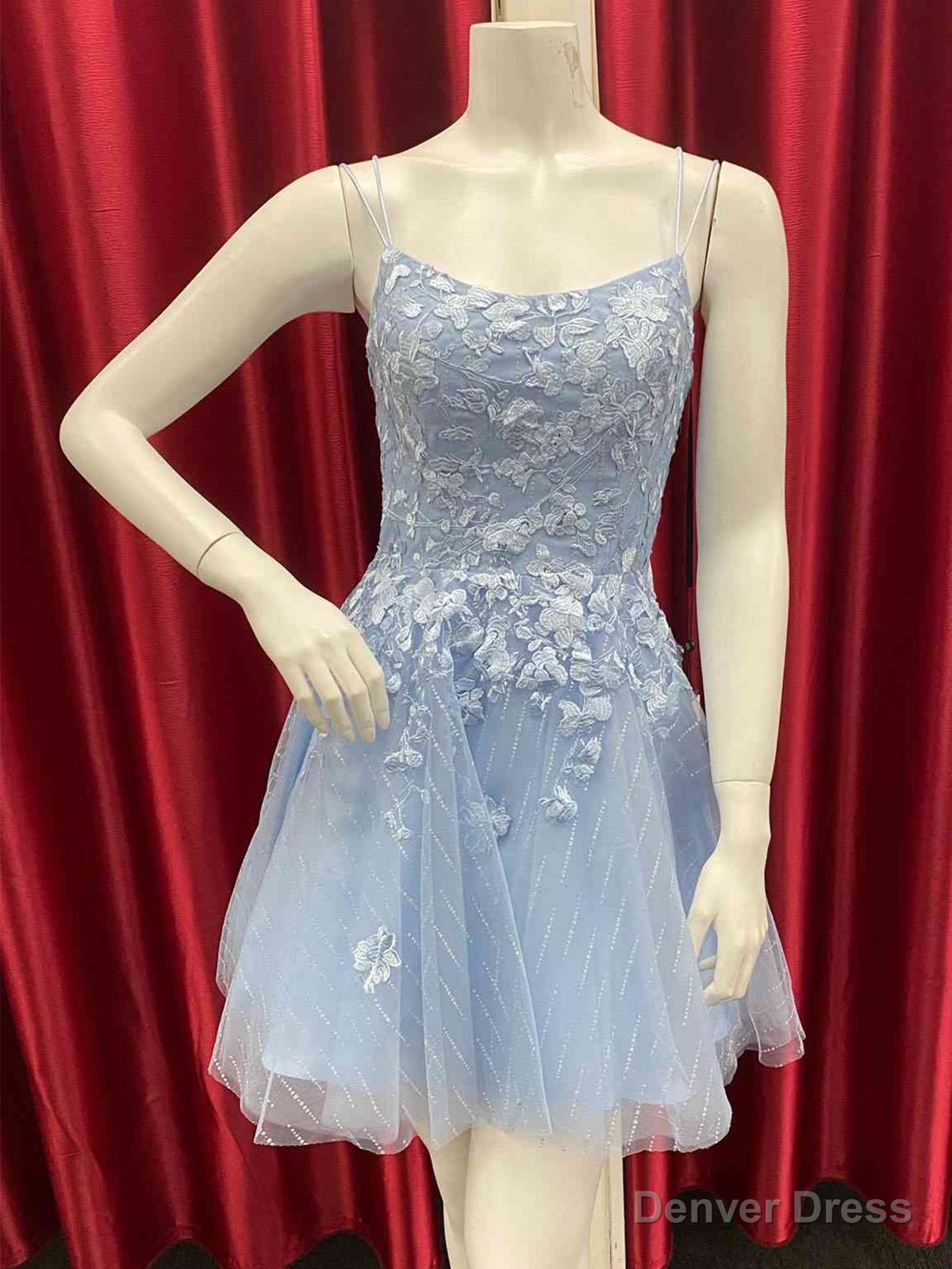 Short Backless Blue Lace Prom Dress, Short Open Back Blue Lace Prom Homecoming Dresses Main image